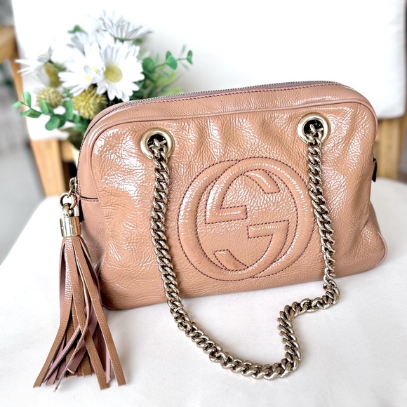 Gucci SoHo Small Tan Patent Leather Top Zip Chain Strap Tassel Shoulder Bag - Picture 3 of 17